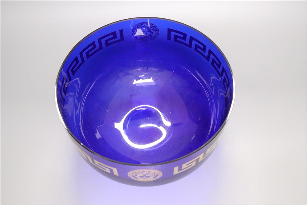 A Versace Rosenthal Medusa gilt-decorated blue glass bowl, Dia 25.5cm